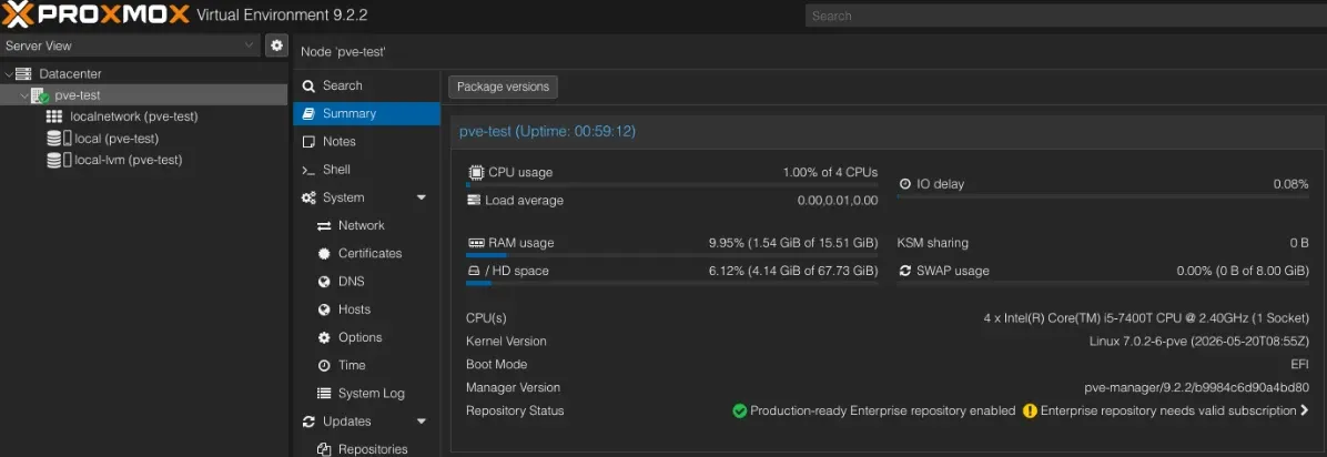 The Proxmox dashboard for pve-test: 1.54 GiB of 15.51 GiB RAM used, 4.14 GiB of 67.73 GiB disk used, and local and local-lvm storage listed on the left