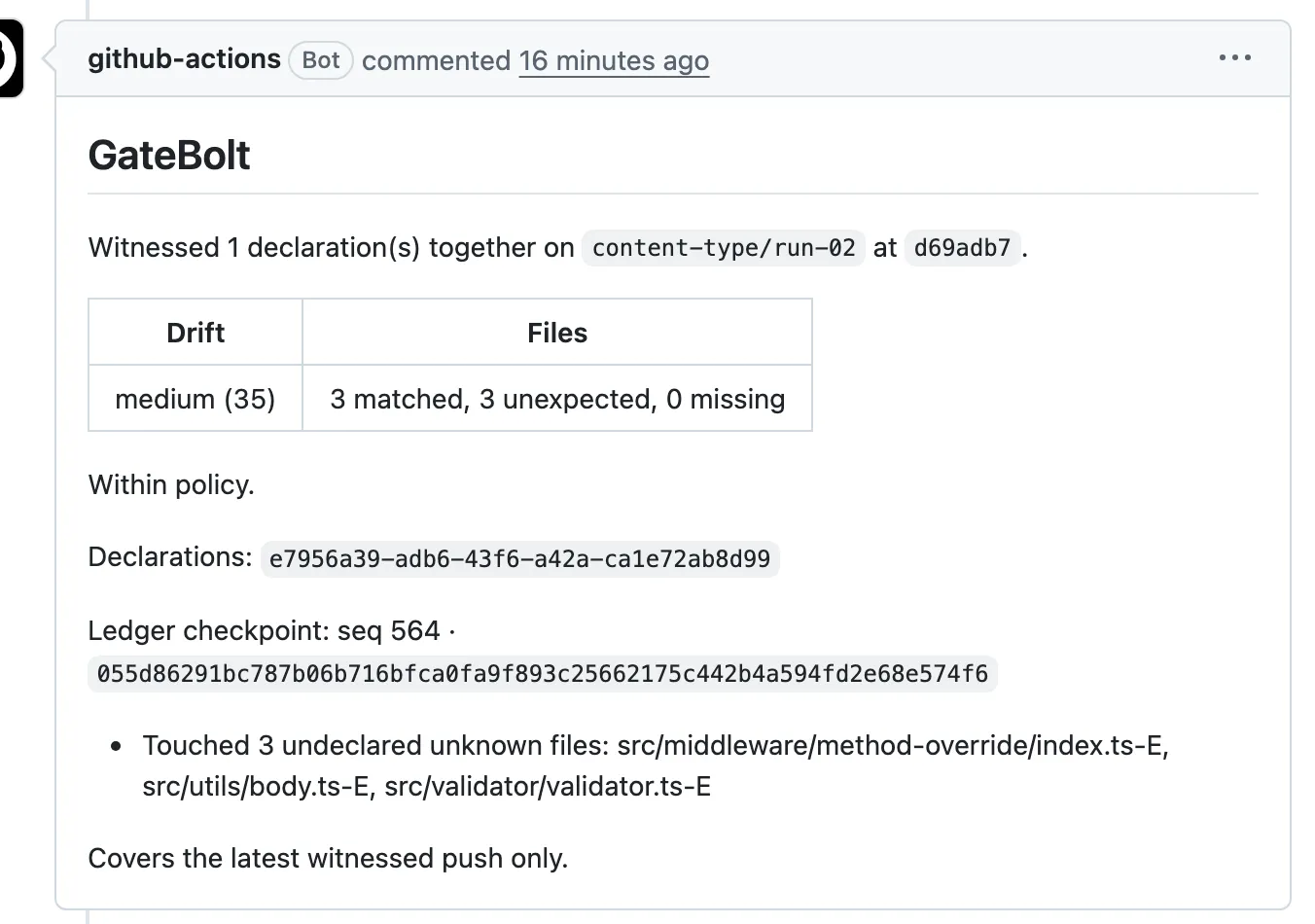 GateBolt's comment on the pull request: drift medium (35); 3 matched, 3 unexpected, 0 missing; touched 3 undeclared files ending in -E