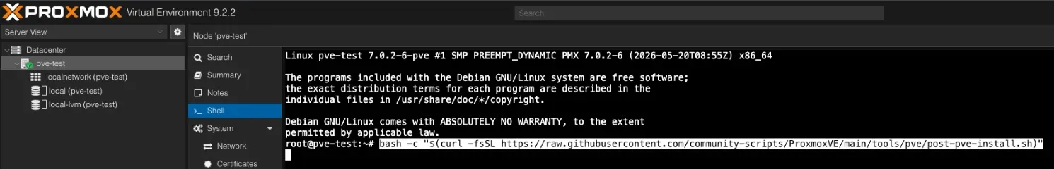 The Shell page in the Proxmox web interface, with the post-install script command pasted in at the root prompt on pve-test