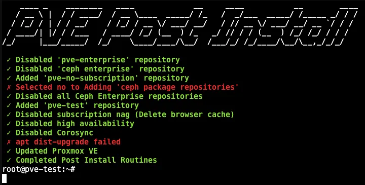 The post-install script's summary: enterprise repositories disabled, pve-no-subscription and pve-test added, Ceph package repositories skipped, subscription nag, high availability and Corosync disabled, and a red line saying apt dist-upgrade failed